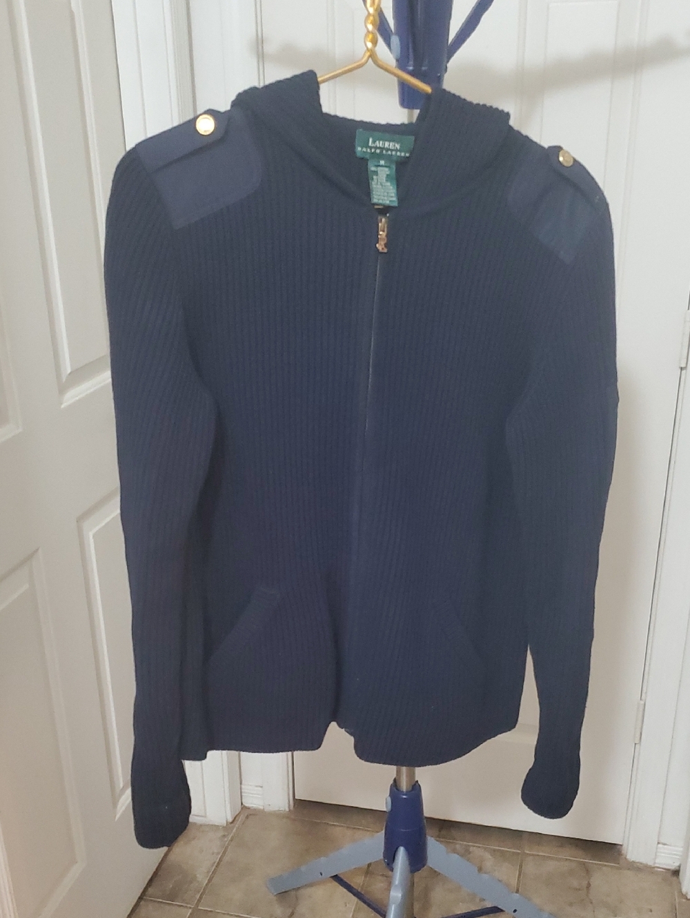 Lauren Ralph Lauren Dark Navy Ribbed Zip Hoodie with Gold Buttons